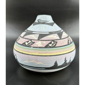 Navajo Seed Pot Vase Hand Painted Etched by Ronda Thomas Noah's Ark Story 5 x 6"